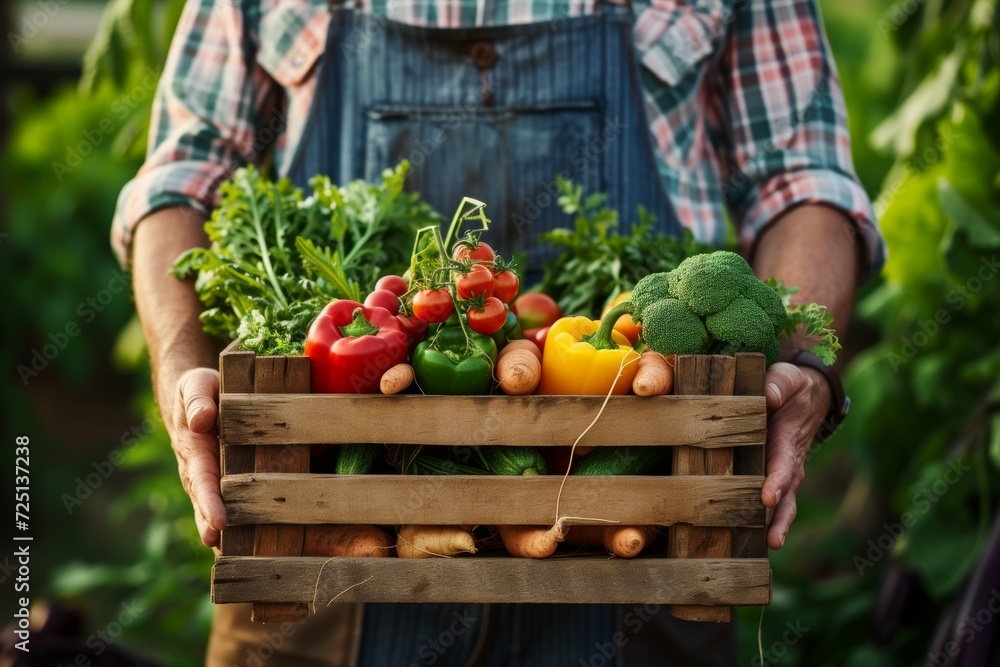 Poster a box with a harvest in the hands of a farmer. background with selective focus and copy space