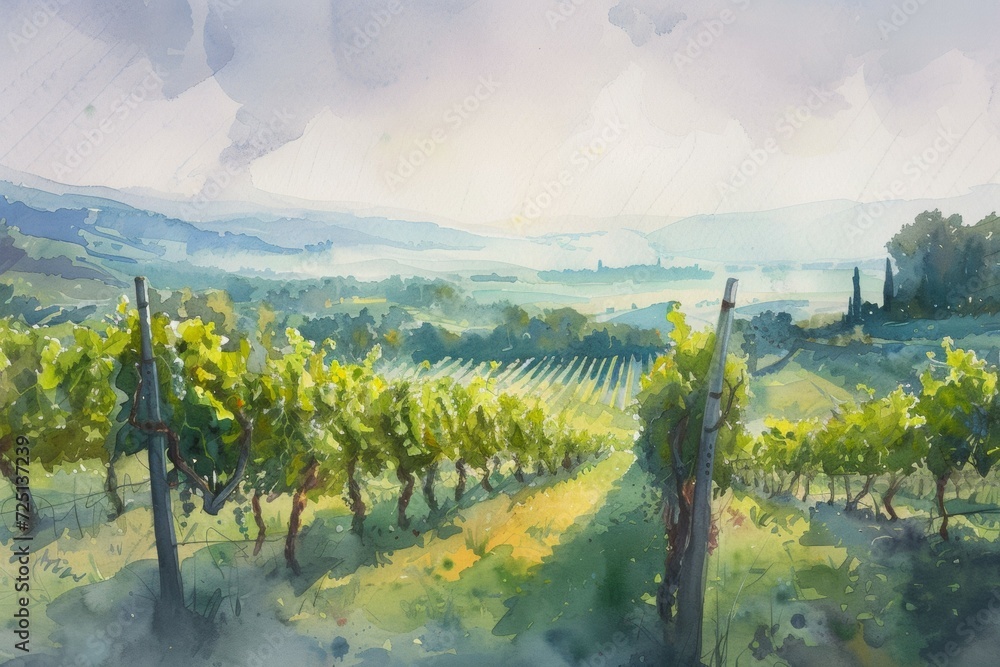 Poster watercolor drawing of a grape field. background with selective focus and copy space