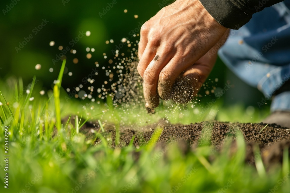 Aufkleber hands close-up with soil fertilizer. background with selective focus and copy space