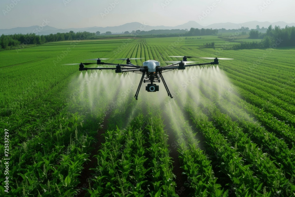 Aufkleber a modern drone irrigates a field on a farm with fertilizer. background with selective focus and copy