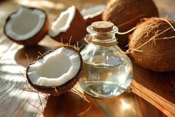 Coconut oil. Background with selective focus and copy space - obrazy, fototapety, plakaty