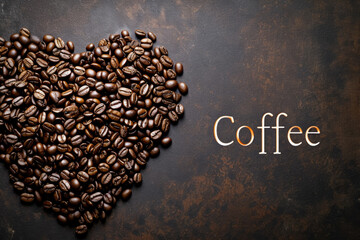 Coffee beans in the shape of a heart. Background with selective focus and copy space
