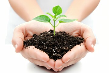 A seedling in hands with soil. Background with selective focus and copy space