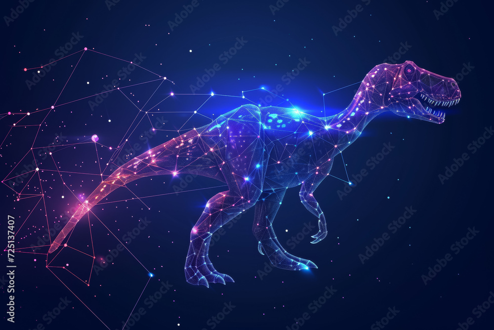 Poster dinosaur hologram made from digital dots. background with selective focus and copy space