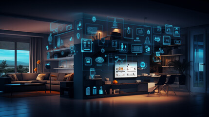 Fototapeta premium Live Smart: modern living room featuring digital home automation icons