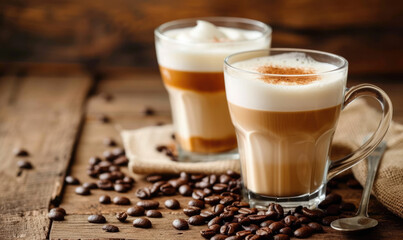 glasses of latte macchiato coffee on a wooden background - obrazy, fototapety, plakaty