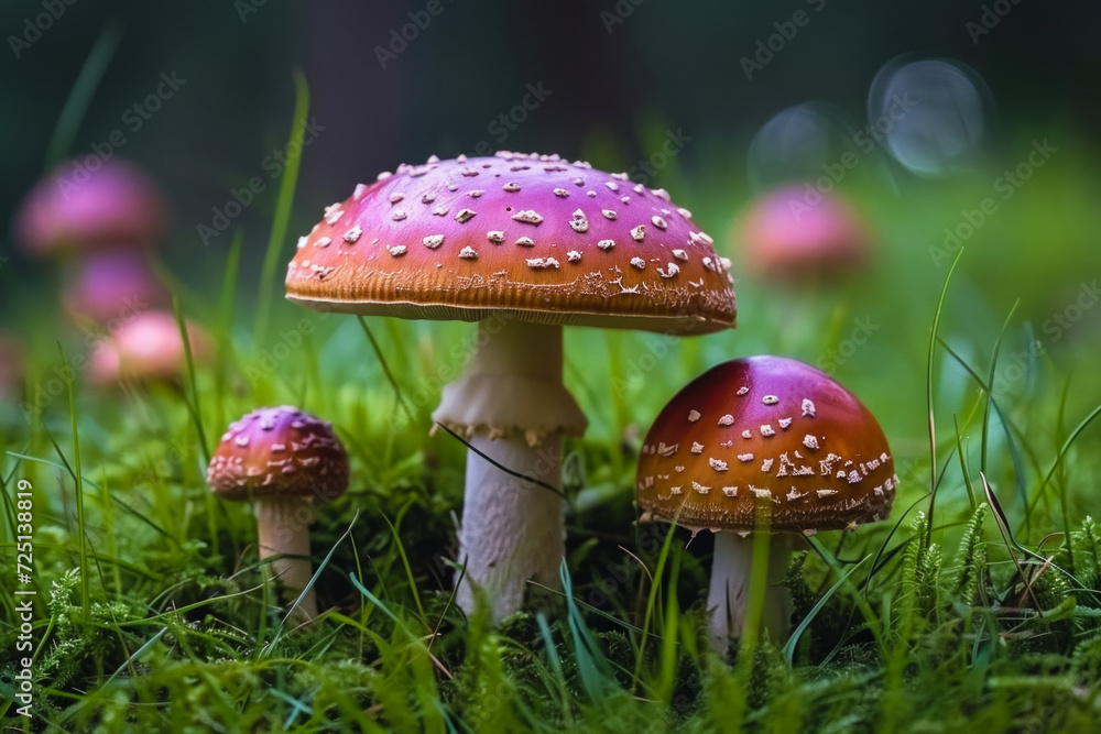 Poster fly agaric in the forest. backdrop with selective focus and copy space