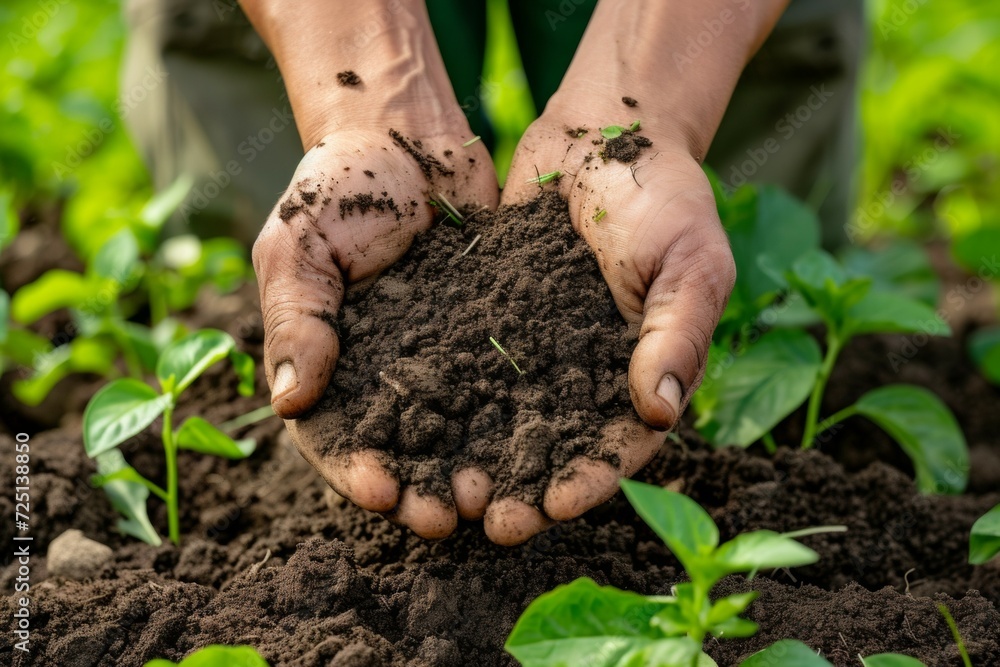 Poster hands close-up with soil fertilizer. backdrop with selective focus and copy space