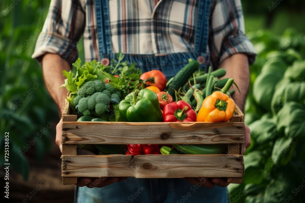 Poster a box with a harvest in the hands of a farmer. backdrop with selective focus and copy space