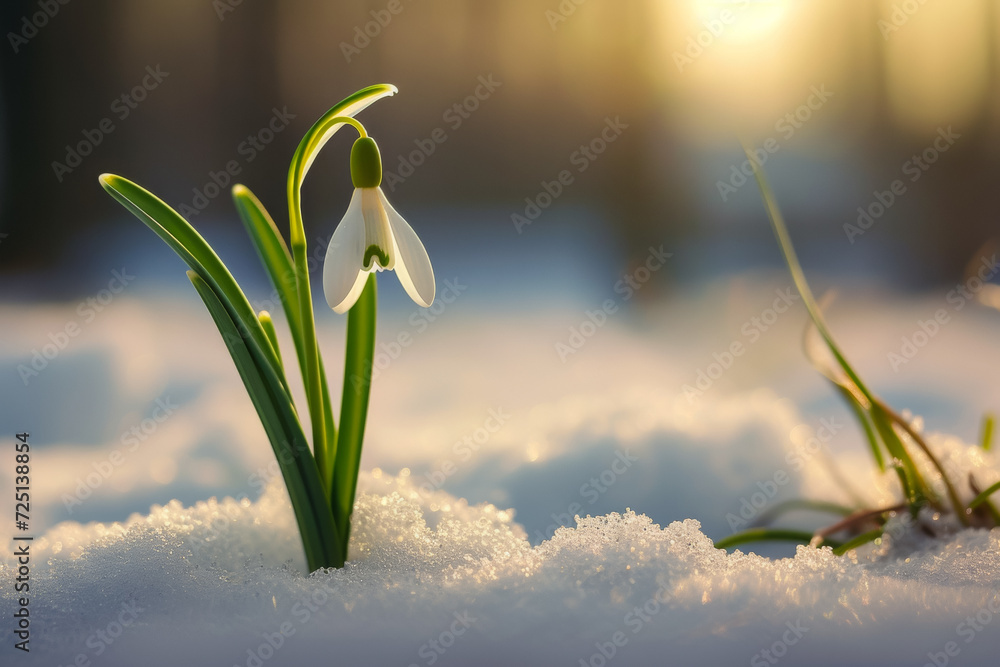Poster forest snowdrop in a clearing with snow. backdrop with selective focus and copy space