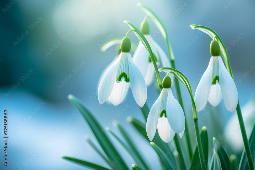 Poster the first spring snowdrops in the garden. backdrop with selective focus and copy space