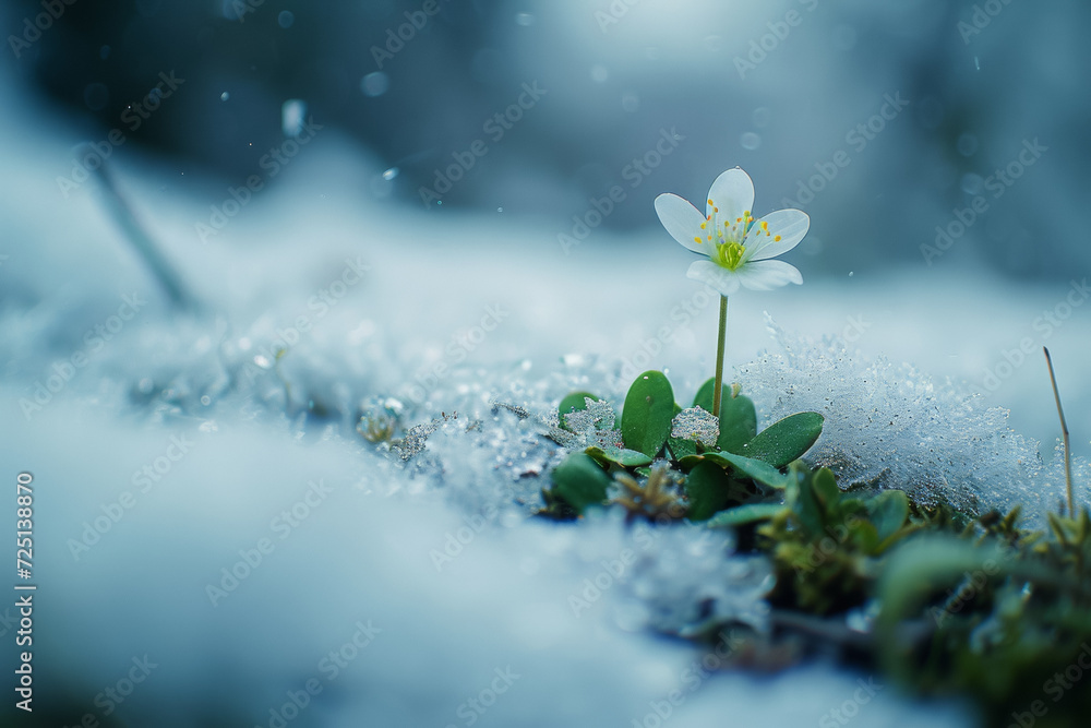 Poster a white flower breaks out from under the snow. backdrop with selective focus and copy space