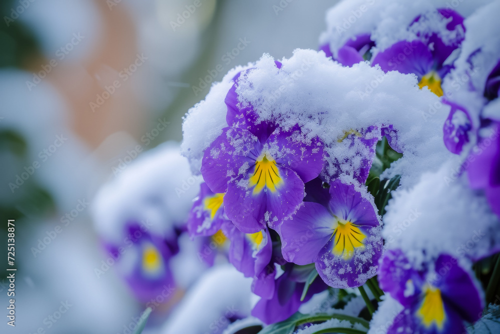 Poster flowerbed with the first spring flowers under the snow. backdrop with selective focus and copy space