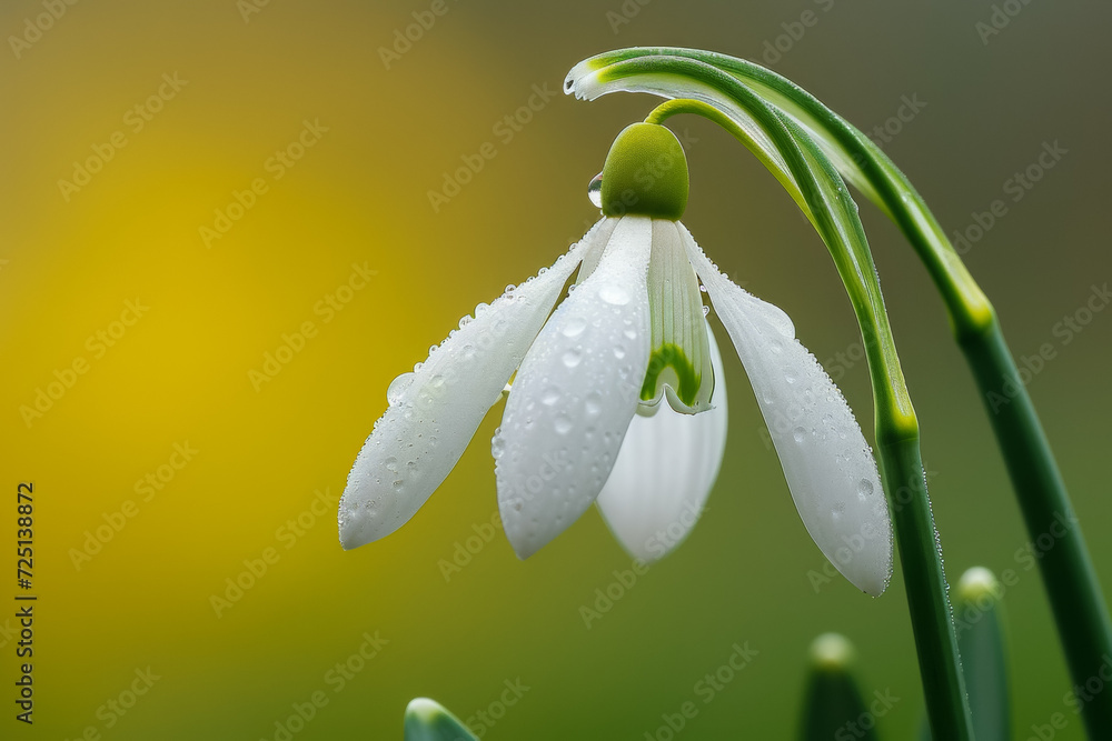 Poster first spring flowers, snowdrop close-up. backdrop with selective focus and copy space