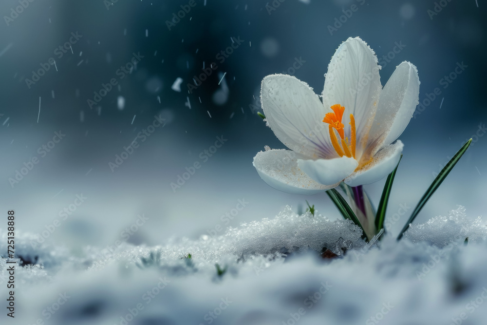 Poster the first flowers under the snow in early spring. backdrop with selective focus and copy space