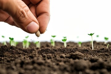 A hand plants a seed in the soil close-up. Backdrop with selective focus and copy space