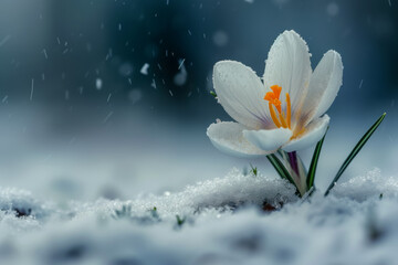 The first flowers under the snow in early spring. Backdrop with selective focus and copy space
