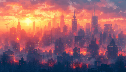 City illustration depicting climate change, smog and global warming. - obrazy, fototapety, plakaty