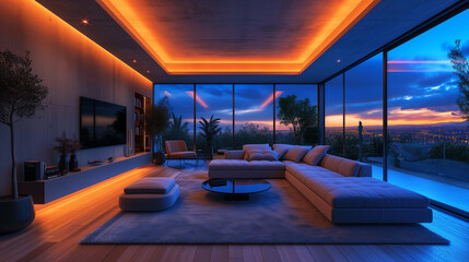 Fototapeta premium City Night Oasis: chic interior with neon decor and breathtaking urban skyline outside