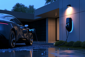 Generic electric vehicle EV hybrid car is being charged from a wallbox 