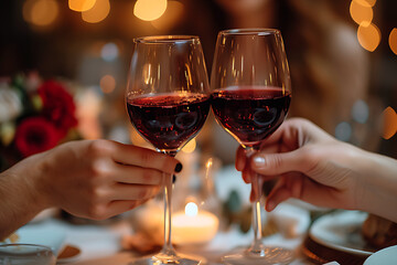 A pair of hands toasting a glass of wine, in a restaurant.