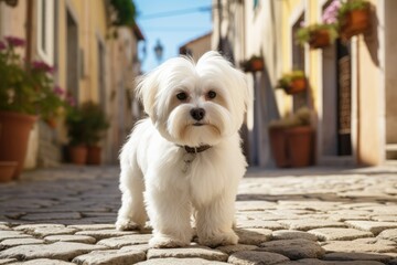 Cute baby maltese roaming on cobbles street. happy little cute puppy. Cute Maltese dog standing on the cobblestone street. adorable pet.