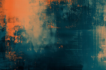 Grunge abstract background. Damaged screen. Orange glitch noise on blue scratched texture with dust. Orange glitch noise on blue scratched texture with dust