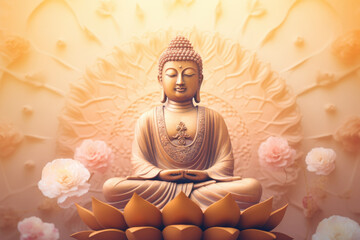 Golden budha statue on soft pastel background.Golden budha statue on soft pastel background.