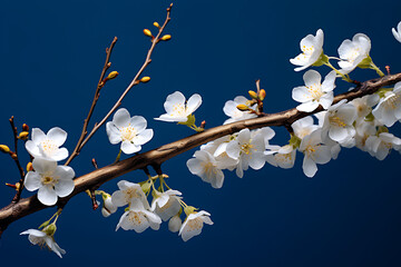 Pink flowers blooming on tree branches, Blue background and studio light.