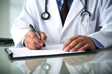 A male doctor is writing a prescription, with a stethoscope around his neck.