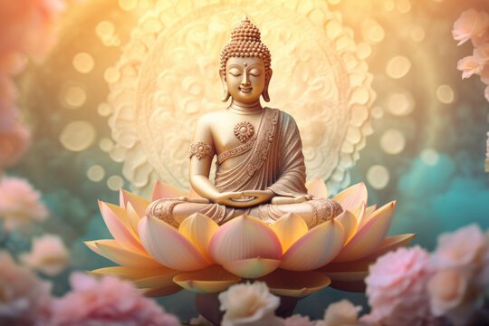 Golden budha statue on soft pastel background.Golden budha statue on soft pastel background.