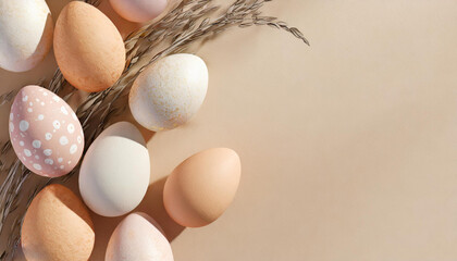 Easter eggs in peach tones on a pastel beige background. Traditional holy week celebration. Easter...
