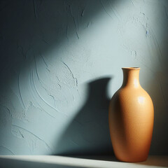 Large dull orange ceramic vase over textured light blue wall. Trendy  minimalist background with copy space.