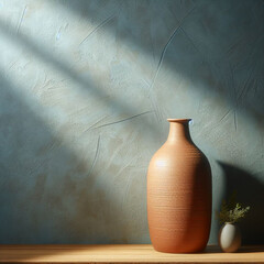 Large dull orange ceramic vase over textured light blue wall.