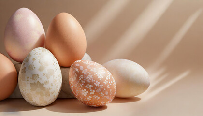 Easter eggs in peach tones on a pastel beige background.