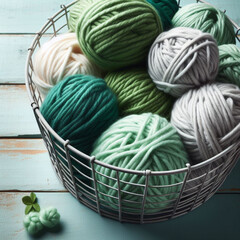 Balls of wool in soft green tones in a wire basket on a rustic wooden table. Clews of wool yarn. Winter hobby concept. Cozy background.