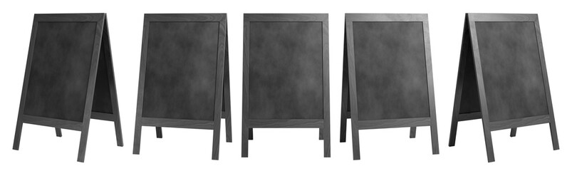 Portable street advertising board set. Wooden sandwich panel with blackboard. 3D rendered. © Vitaly