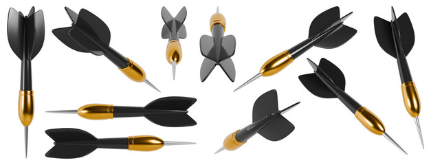 Black dart set in different angles. 3D rendering.