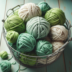 Balls of wool in soft green tones in a wire basket on a rustic wooden table.