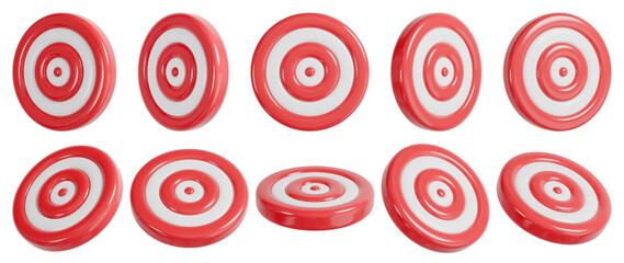 Red and white small target in different angles. Isolated dart board. 3D rendering.