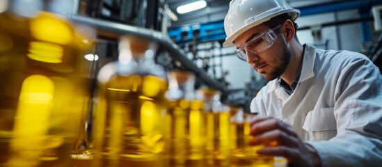 Food factory employee monitoring quality and overseeing refined edible oil production.