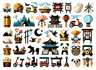Illustrated set of travel-themed icons, each associated with the country of China, displayed on a pristine white background