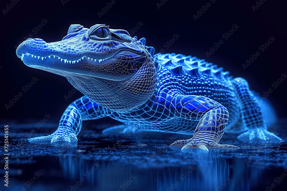 Poster alligator . digital wireframe polygon illustration. technology of lines and points.