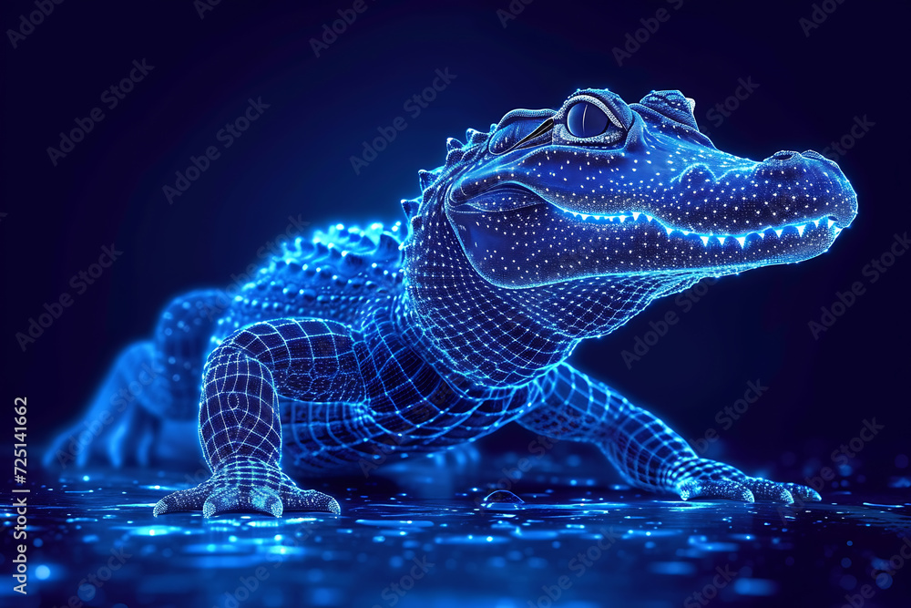 Poster alligator . digital wireframe polygon illustration. technology of lines and points.