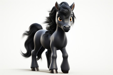 Adorable 3D cartoon friesian horse portrait on a white background.