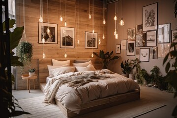cozy space concentrate on a houseplant Background image of a wooden wall with lights and pictures over a bed