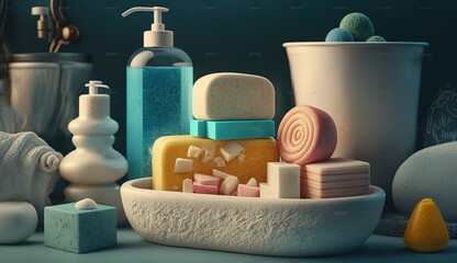 Fototapeta na wymiar Set of different bath accessories and soap on tub in bathroom