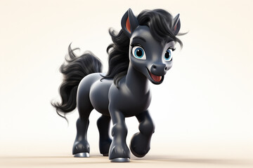 Adorable 3D cartoon friesian horse portrait on a white background.