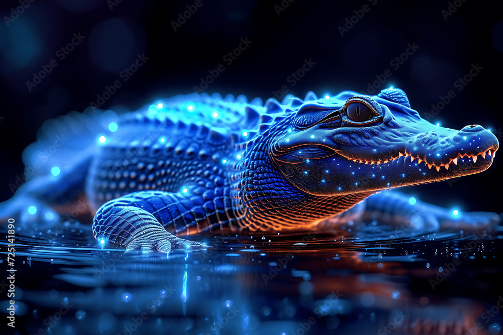 Poster alligator . digital wireframe polygon illustration. technology of lines and points.