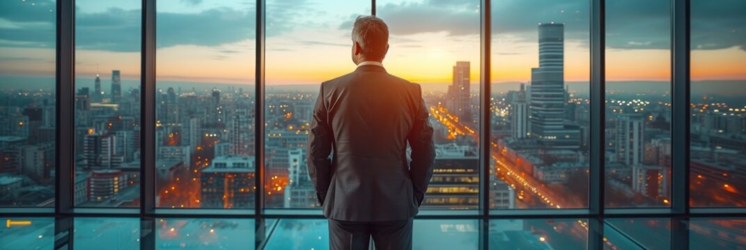 Corporate Leader Overlooking Cityscape at Dusk
